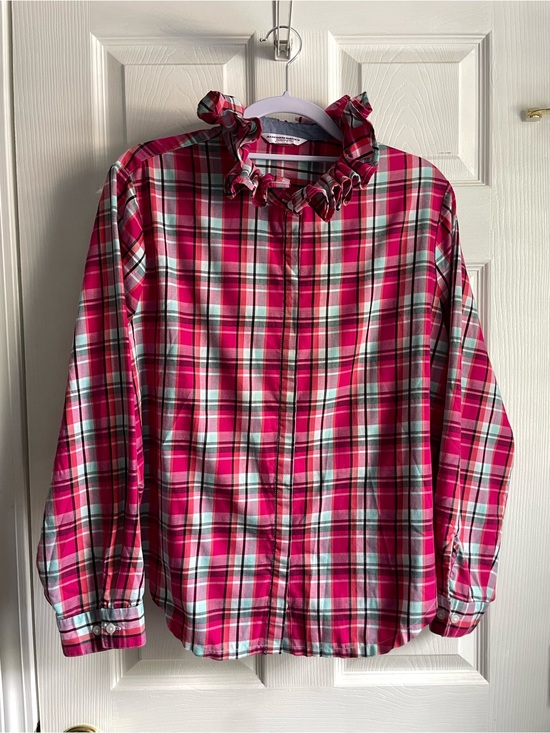 Allison Daley Tops - Allison Daley Pink Plaid Ruffle Collar Button-Down Shirt, Size L/XL